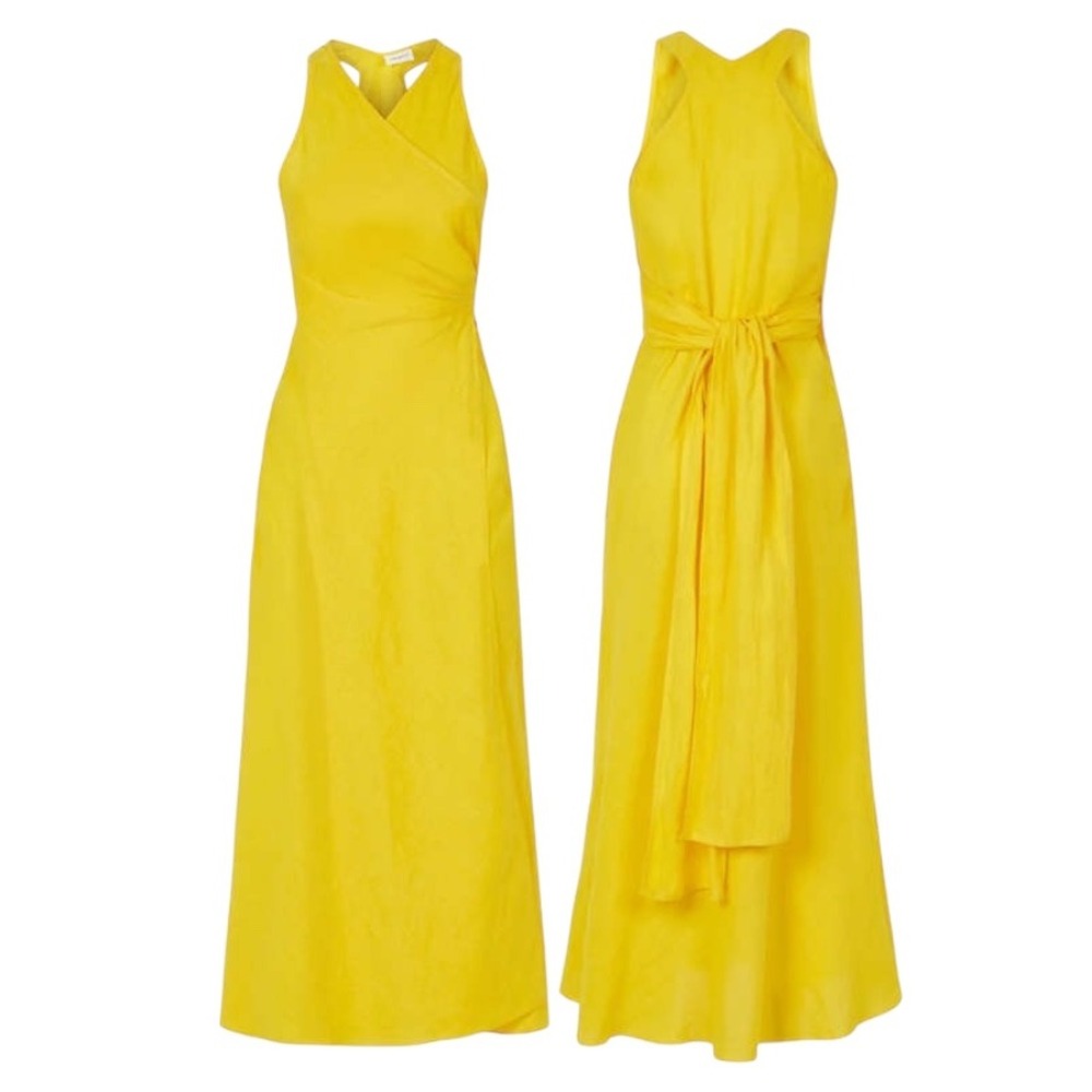 Three Graces London Linnea Dress in Sunny Yellow Linen Midi Wrap Size 6